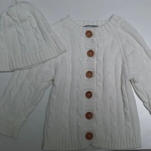 Jake and Jill White Cable Knit Button Sweater & Hat Baby 100% Cotton 6-12 Months